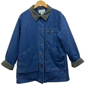 LL Bean Denim Field Coat Womens Med Petite Corduroy Barn Jacket Plaid Liner